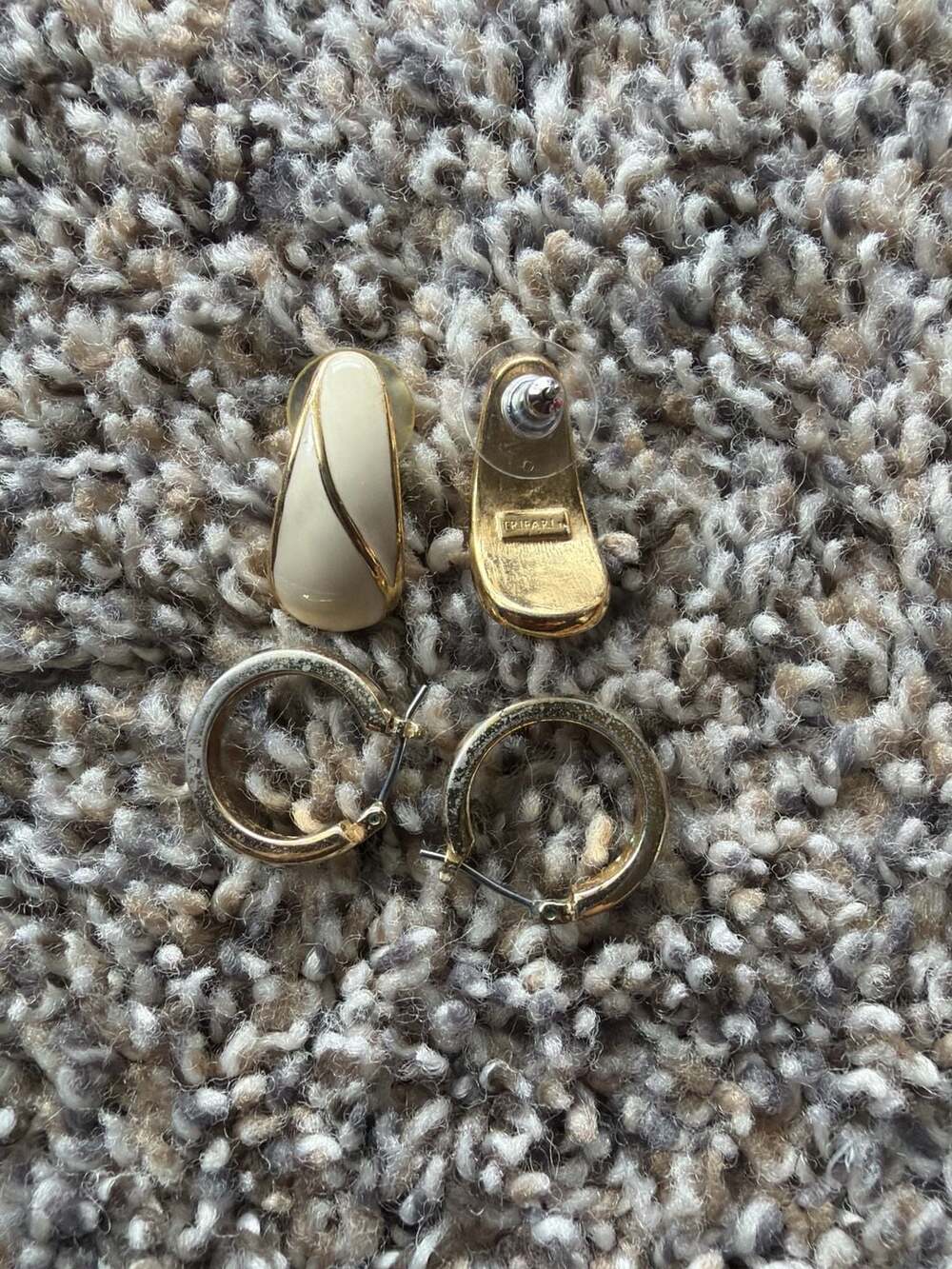 Vintage Trifari Cream Enamel Gold Tone Earrings and Gold Hoop Earrings Set